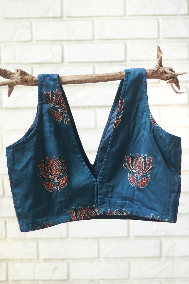 Sleeveless Blouse | Modal Silk | Navy Lotus Ajrakh