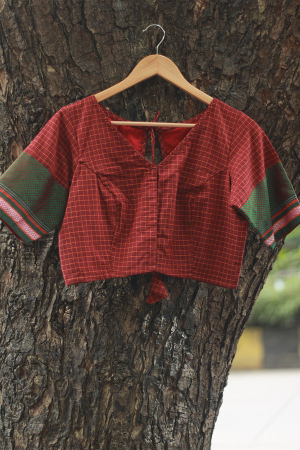 Sleeved Blouse | Rouge Checks with Green Khunn