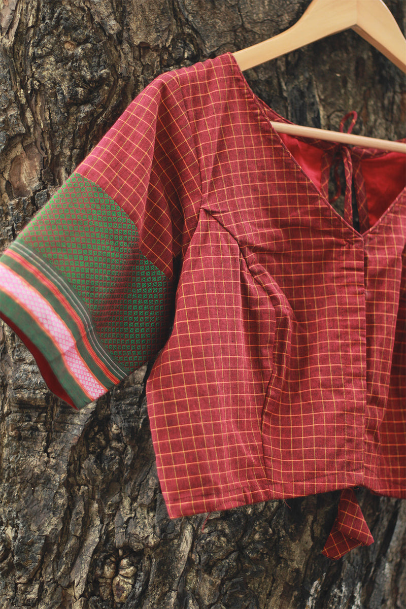 Sleeved Blouse | Rouge Checks with Green Khunn