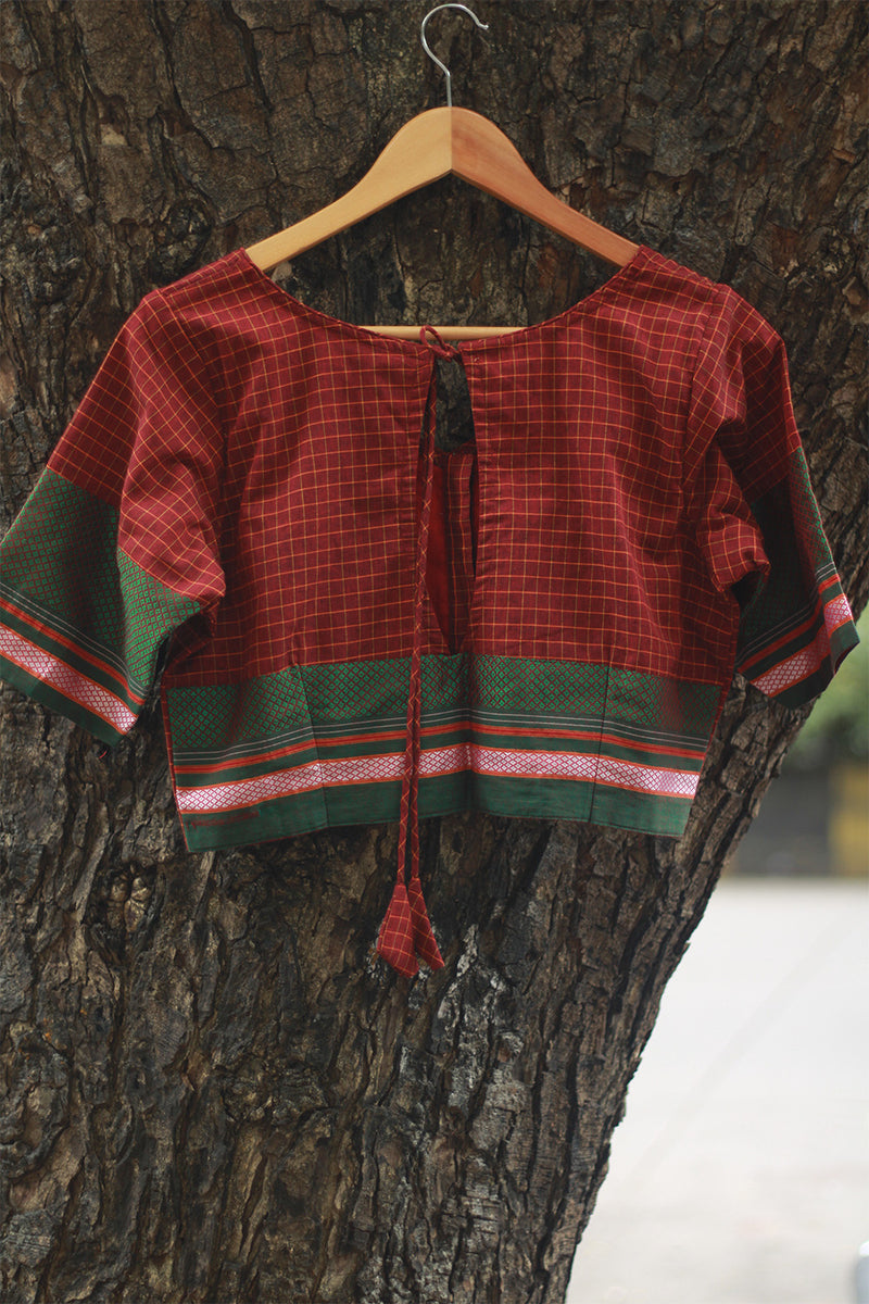 Sleeved Blouse | Rouge Checks with Green Khunn