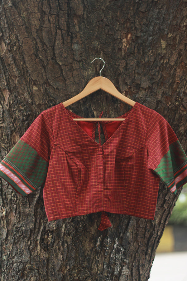 Sleeved Blouse | Rouge Checks with Green Khunn