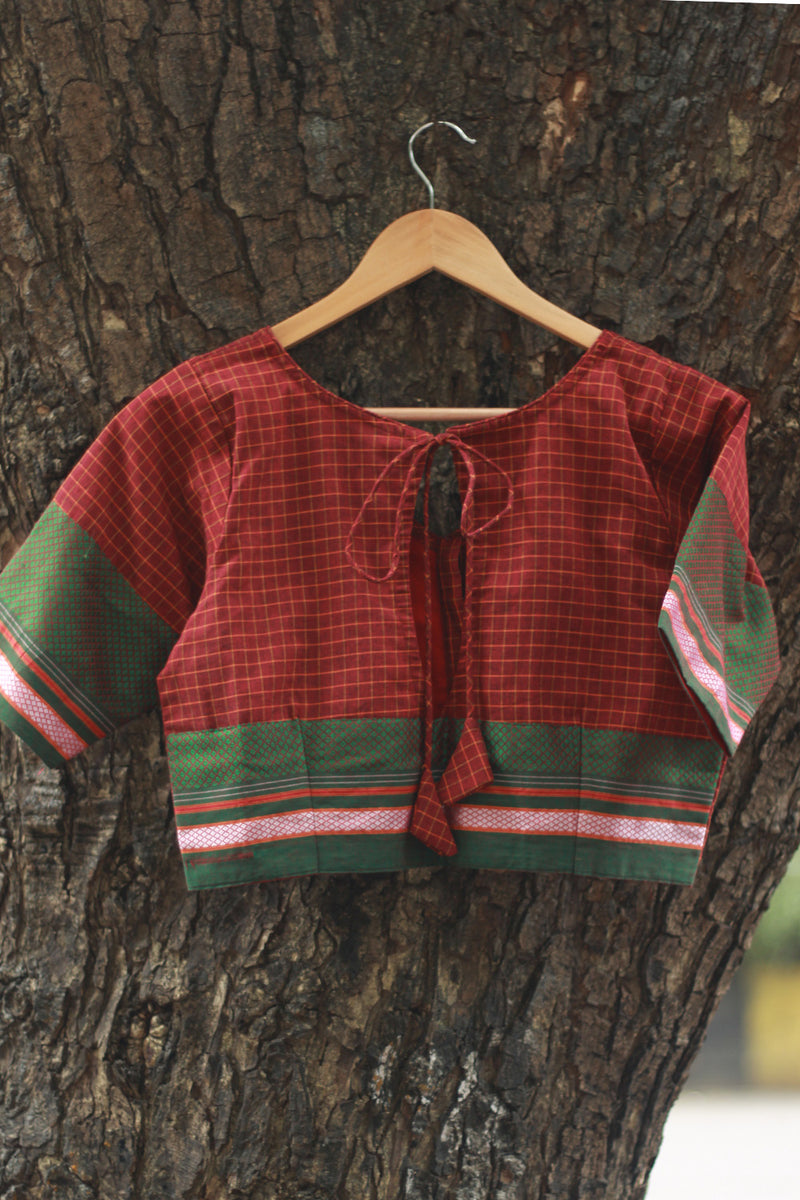 Sleeved Blouse | Rouge Checks with Green Khunn