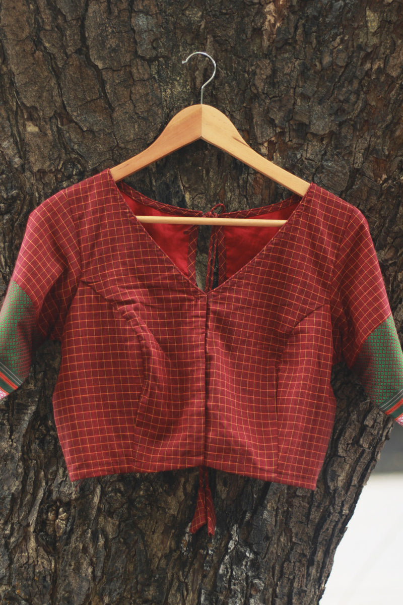 Sleeved Blouse | Rouge Checks with Green Khunn