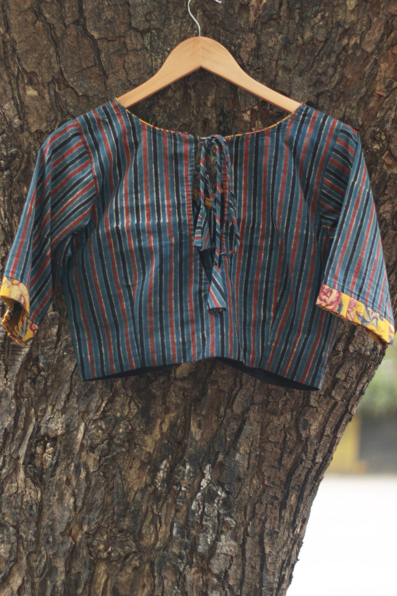 Sleeved Blouse | Blue Stripes Ajrakh with Yellow Sanganeri