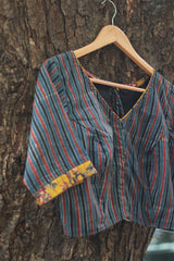 Sleeved Blouse | Blue Stripes Ajrakh with Yellow Sanganeri