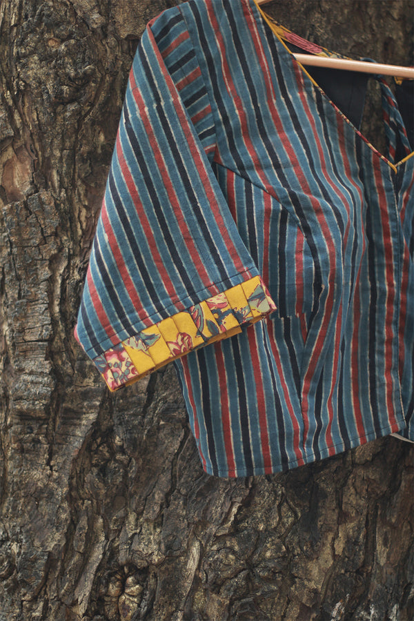 Sleeved Blouse | Blue Stripes Ajrakh with Yellow Sanganeri