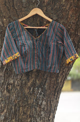 Sleeved Blouse | Blue Stripes Ajrakh with Yellow Sanganeri