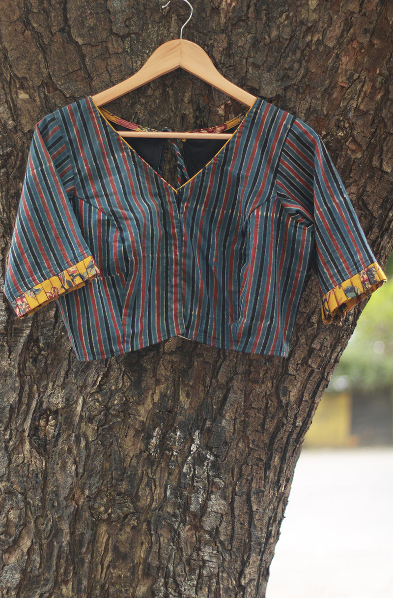 Sleeved Blouse | Blue Stripes Ajrakh with Yellow Sanganeri