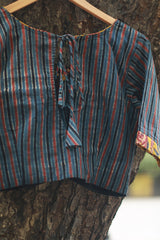 Sleeved Blouse | Blue Stripes Ajrakh with Yellow Sanganeri