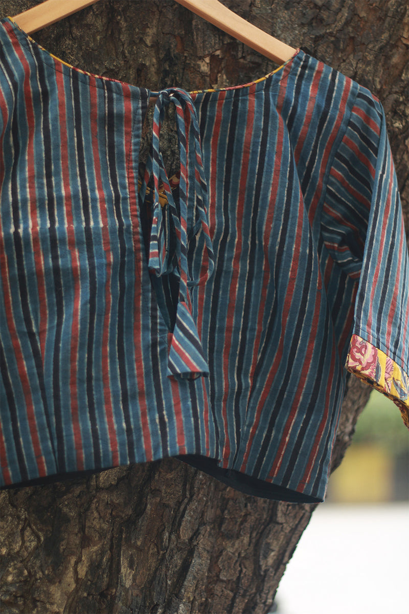 Sleeved Blouse | Blue Stripes Ajrakh with Yellow Sanganeri