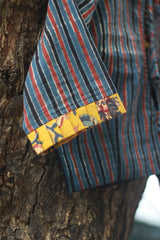 Sleeved Blouse | Blue Stripes Ajrakh with Yellow Sanganeri