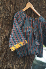 Sleeved Blouse | Blue Stripes Ajrakh with Yellow Sanganeri