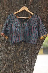 Sleeved Blouse | Blue Stripes Ajrakh with Yellow Sanganeri