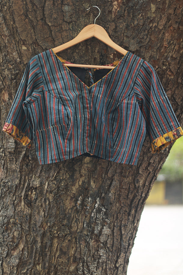 Sleeved Blouse | Blue Stripes Ajrakh with Yellow Sanganeri