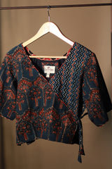 Aabroo | Angarkha Blouse / Crop Top | Navy Chevron Ajrakh