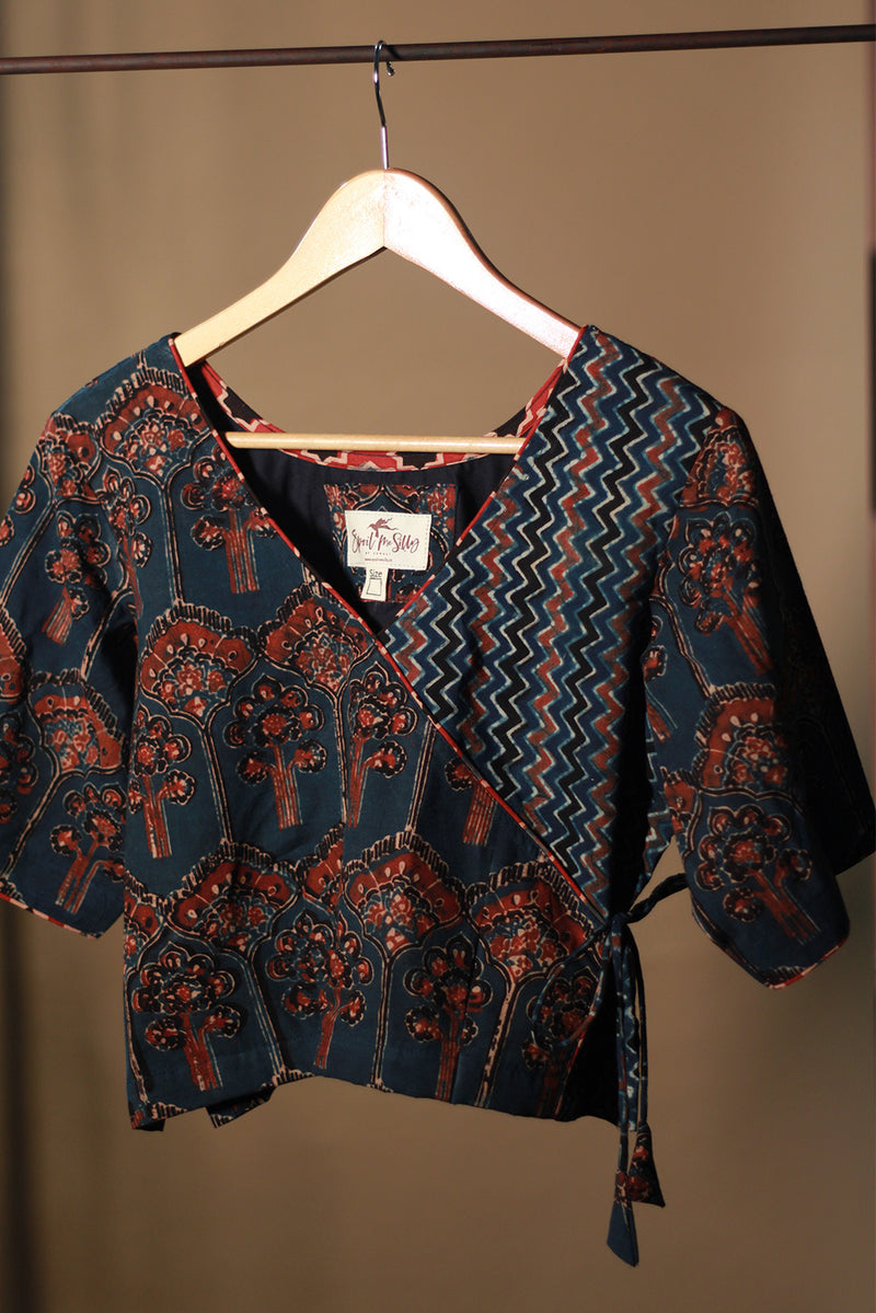 Aabroo | Angarkha Blouse / Crop Top | Navy Chevron Ajrakh