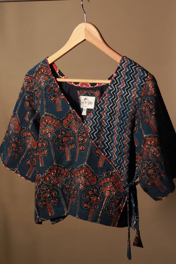 Aabroo | Angarkha Blouse / Crop Top | Navy Chevron Ajrakh