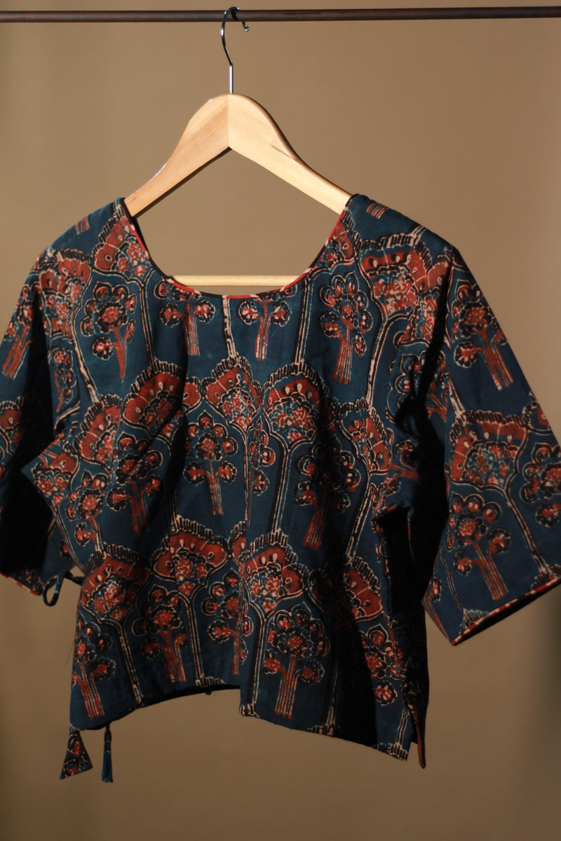 Aabroo | Angarkha Blouse / Crop Top | Navy Chevron Ajrakh