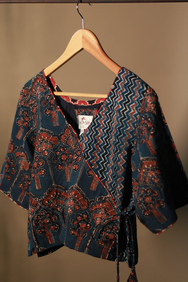 Aabroo | Angarkha Blouse / Crop Top | Navy Chevron Ajrakh