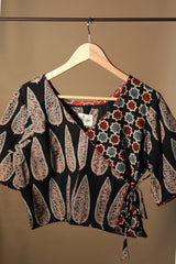 Aabroo | Angarkha Blouse / Crop Top | Noir Cypress Ajrakh