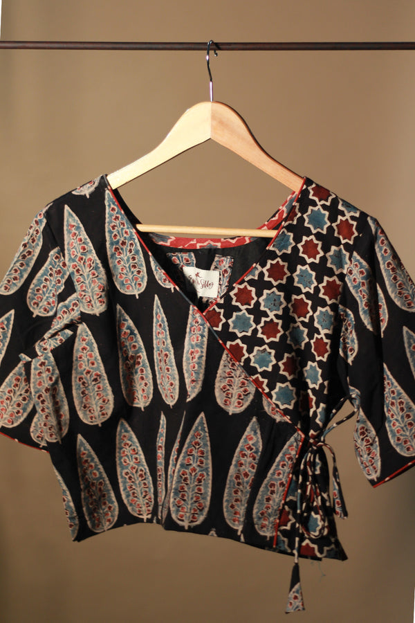 Aabroo | Angarkha Blouse / Crop Top | Noir Cypress Ajrakh
