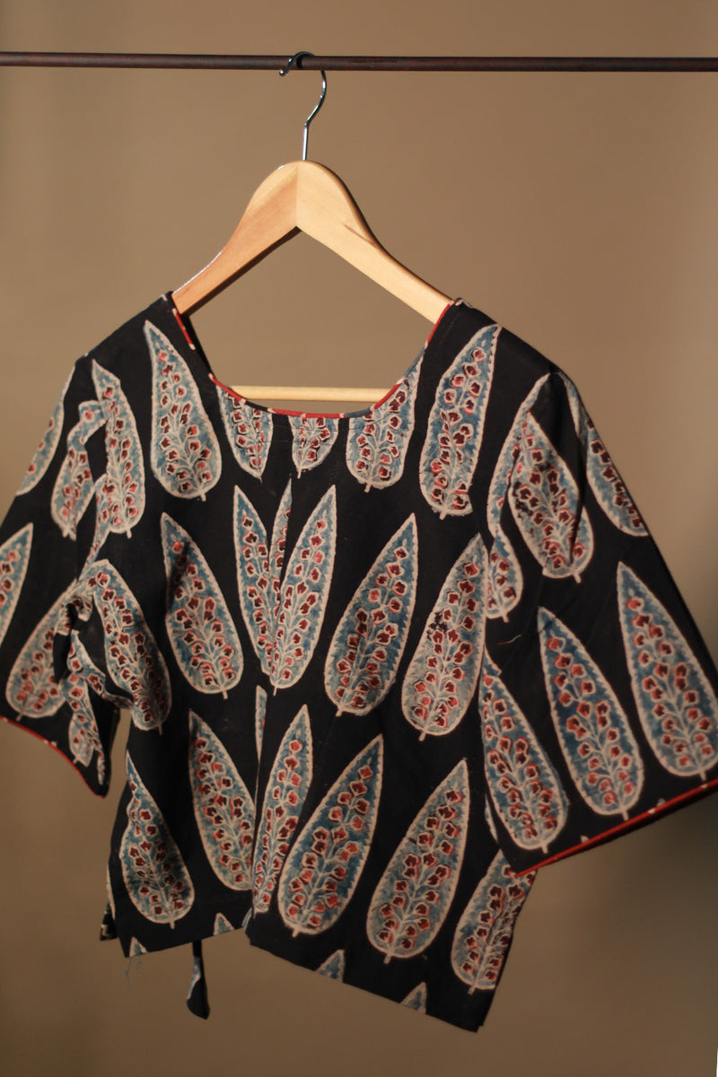 Aabroo | Angarkha Blouse / Crop Top | Noir Cypress Ajrakh