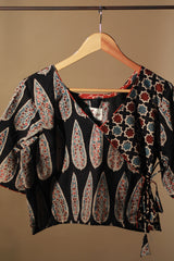 Aabroo | Angarkha Blouse / Crop Top | Noir Cypress Ajrakh