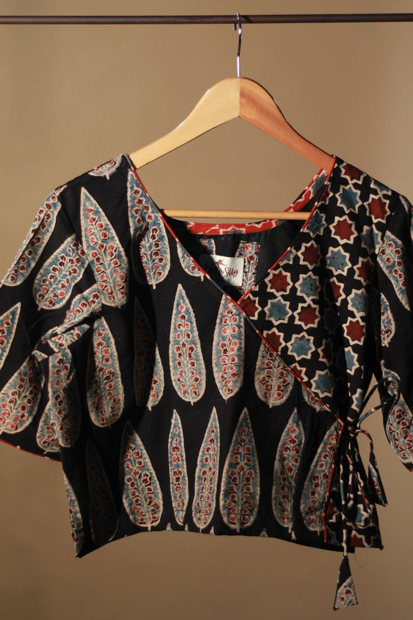 Aabroo | Angarkha Blouse / Crop Top | Noir Cypress Ajrakh