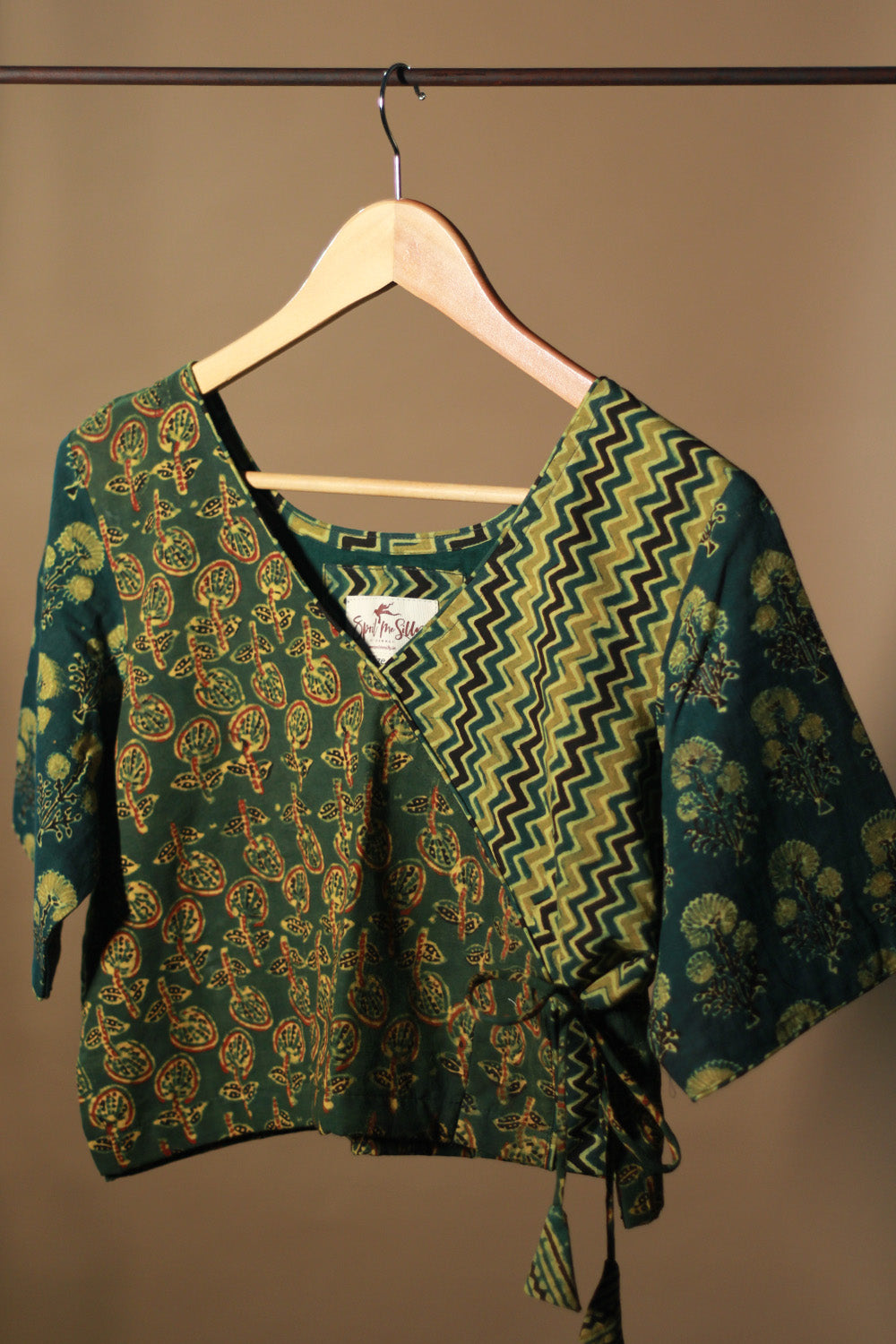 Aabroo | Angarkha Blouse / Crop Top | Green Chevron Ajrakh