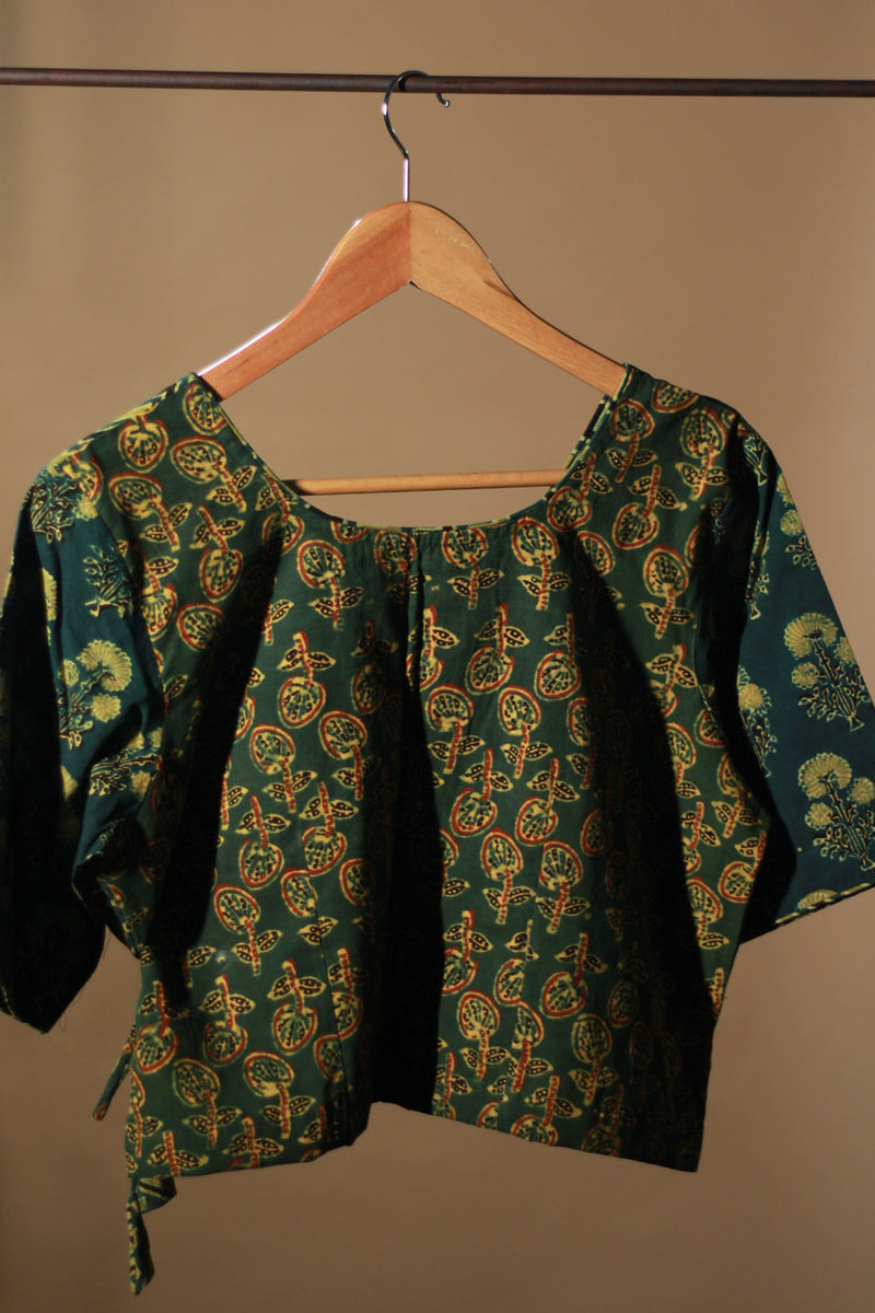 Aabroo | Angarkha Blouse / Crop Top | Green Chevron Ajrakh