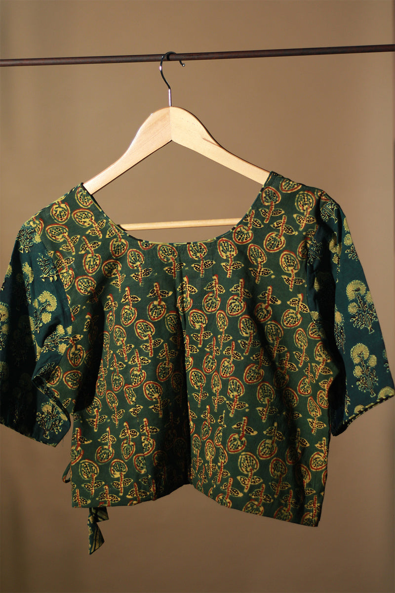 Aabroo | Angarkha Blouse / Crop Top | Green Chevron Ajrakh