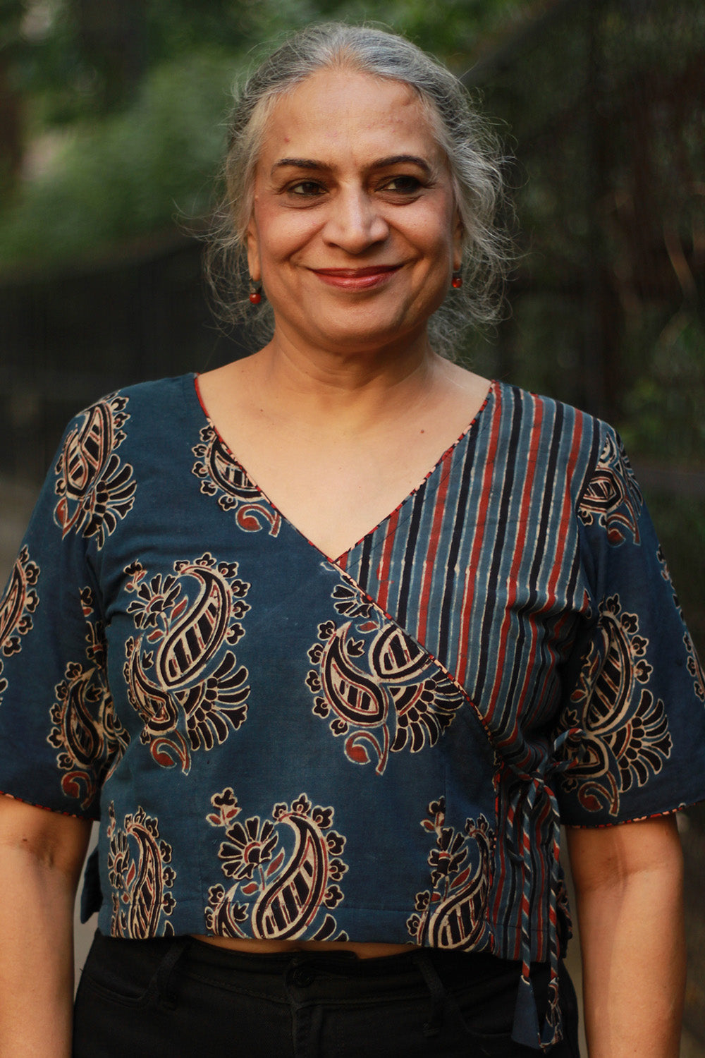 Aabroo | Angarkha Blouse / Crop Top | Navy Stripes Ajrakh