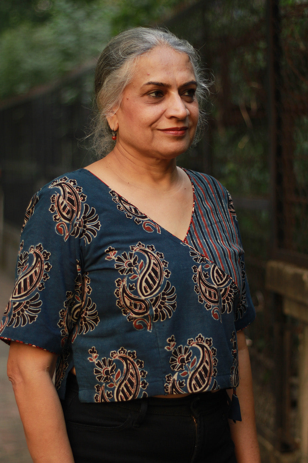 Aabroo | Angarkha Blouse / Crop Top | Navy Stripes Ajrakh