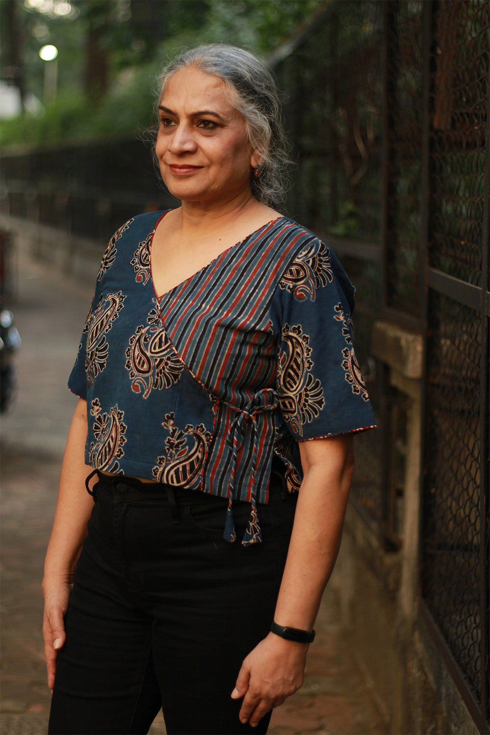 Aabroo | Angarkha Blouse / Crop Top | Navy Stripes Ajrakh