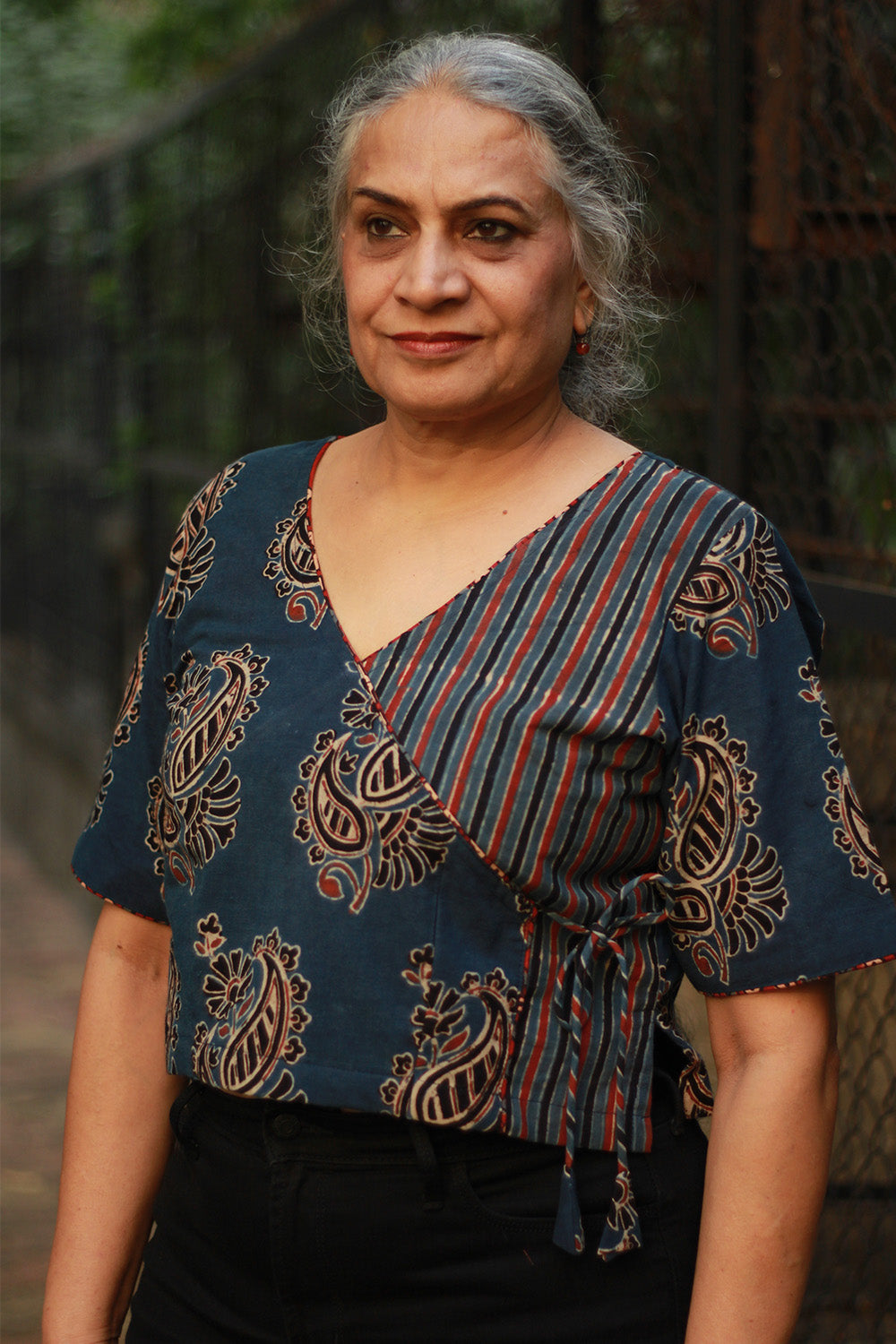 Aabroo | Angarkha Blouse / Crop Top | Navy Stripes Ajrakh