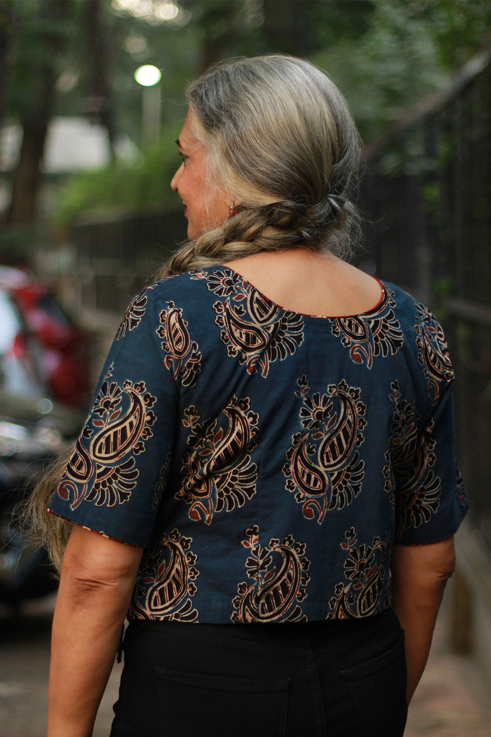 Aabroo | Angarkha Blouse / Crop Top | Navy Stripes Ajrakh