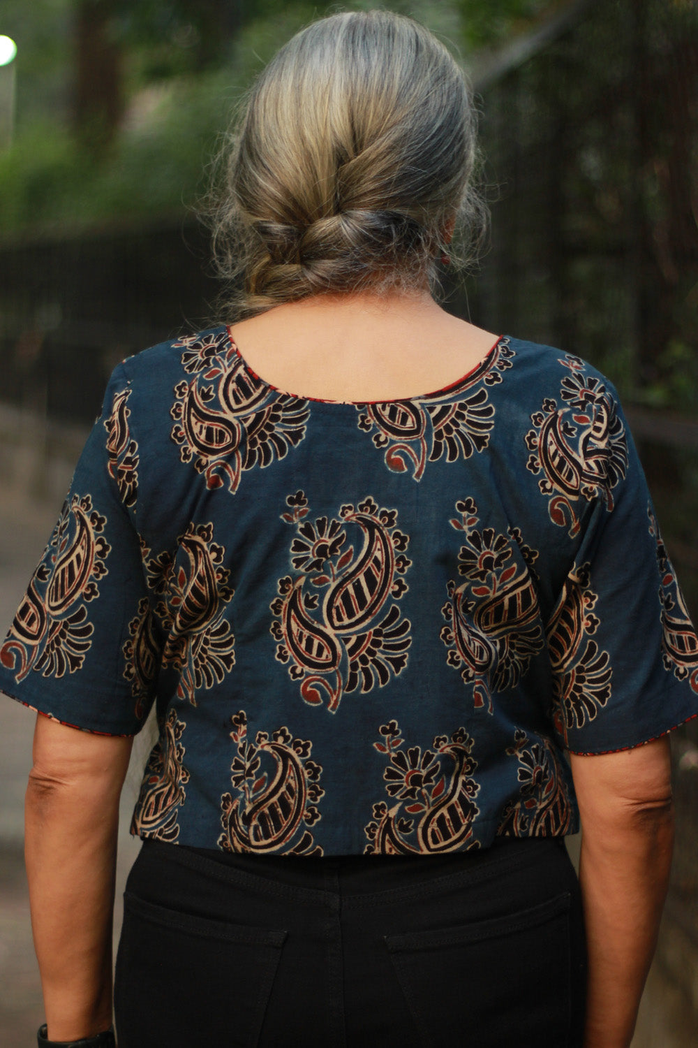 Aabroo | Angarkha Blouse / Crop Top | Navy Stripes Ajrakh