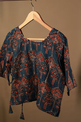 Aabroo | Angarkha Blouse / Crop Top | Navy Floral Ajrakh