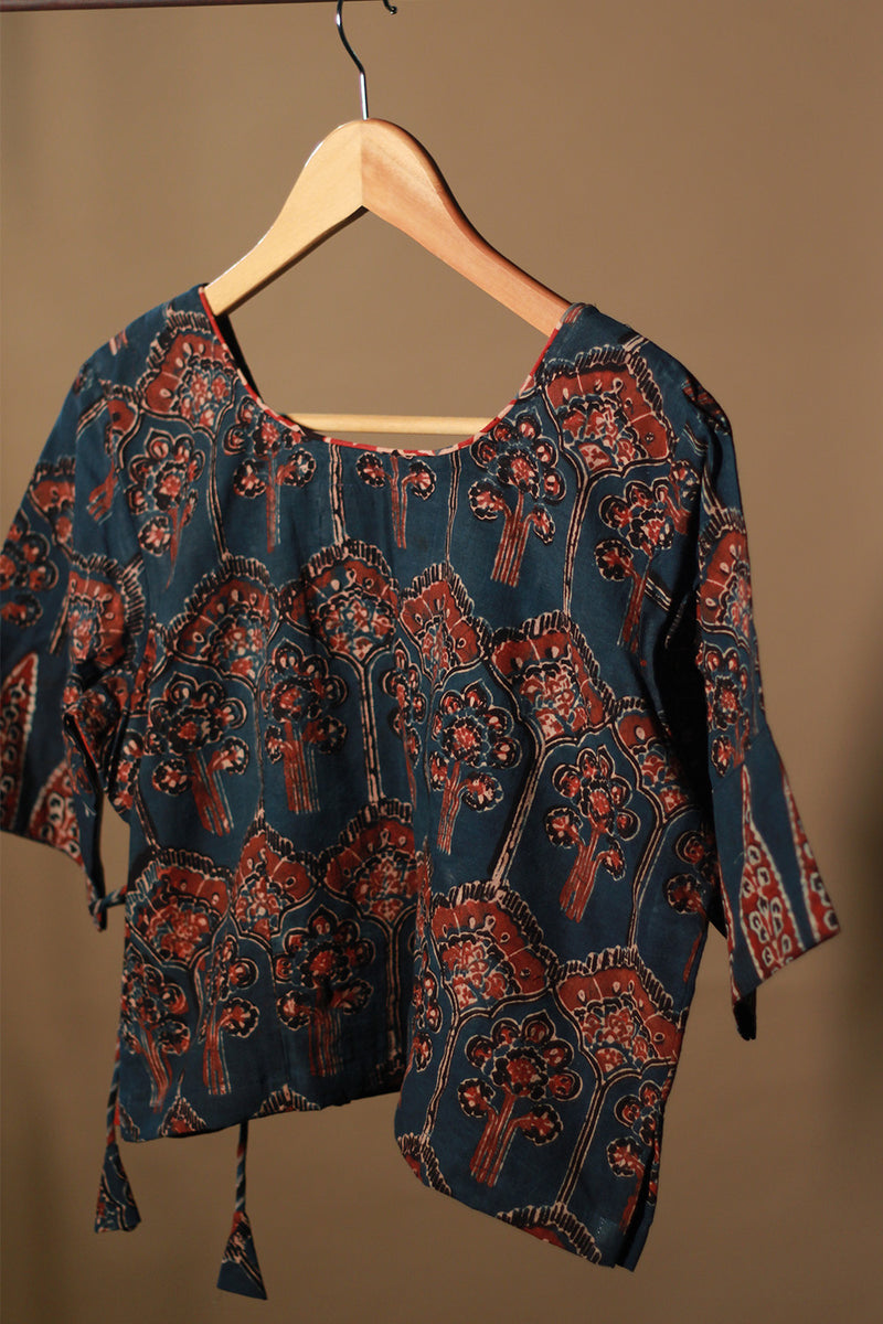 Aabroo | Angarkha Blouse / Crop Top | Navy Floral Ajrakh