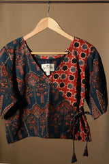 Aabroo | Angarkha Blouse / Crop Top | Navy Floral Ajrakh