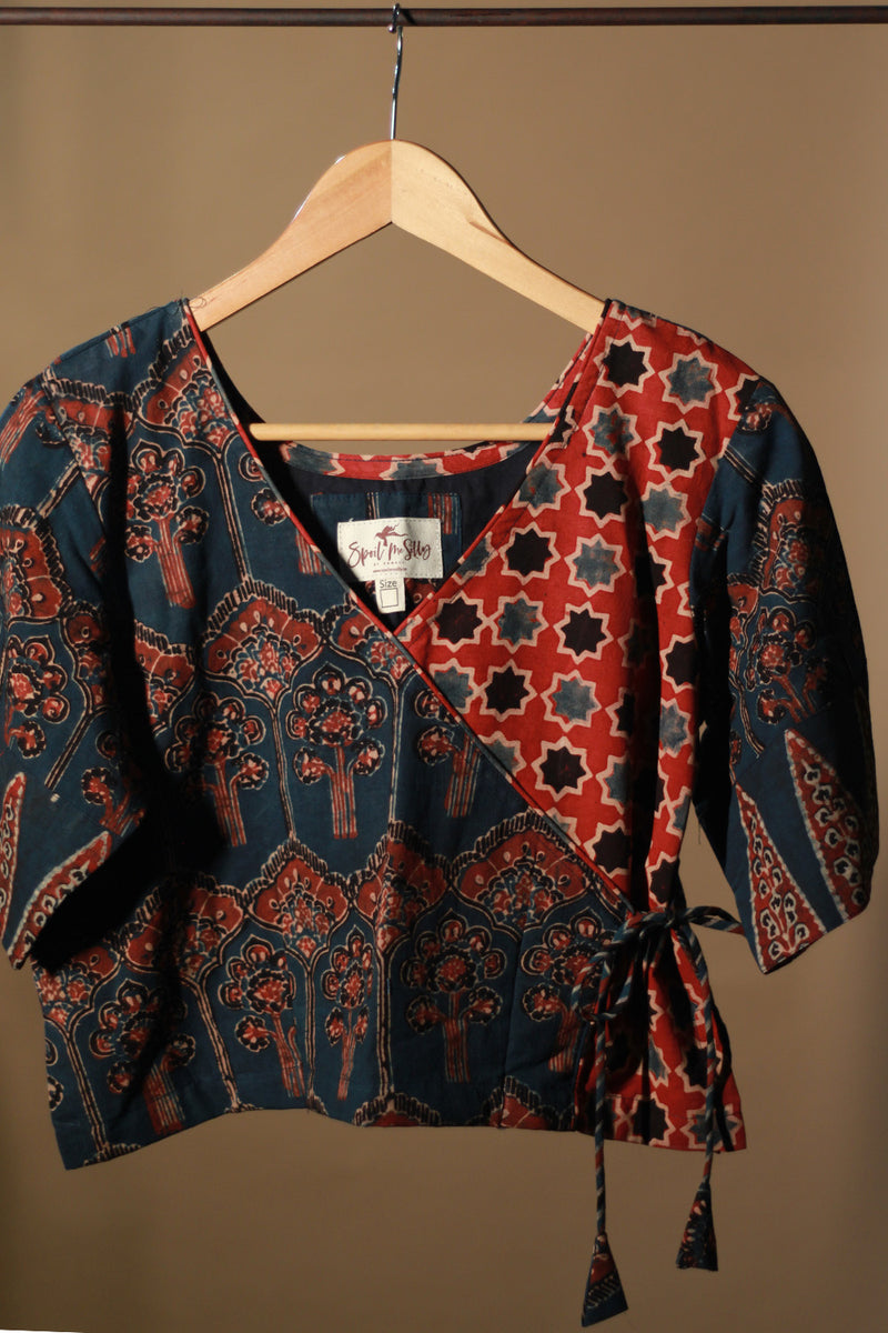 Aabroo | Angarkha Blouse / Crop Top | Navy Floral Ajrakh