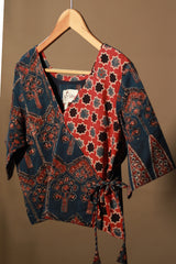 Aabroo | Angarkha Blouse / Crop Top | Navy Floral Ajrakh