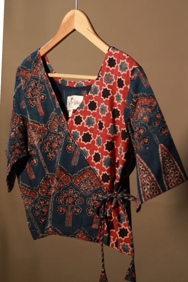 Aabroo | Angarkha Blouse / Crop Top | Navy Floral Ajrakh