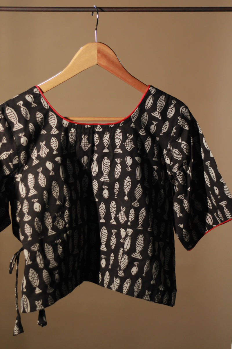 Aabroo | Angarkha Blouse / Crop Top | Noir Fish Bagru