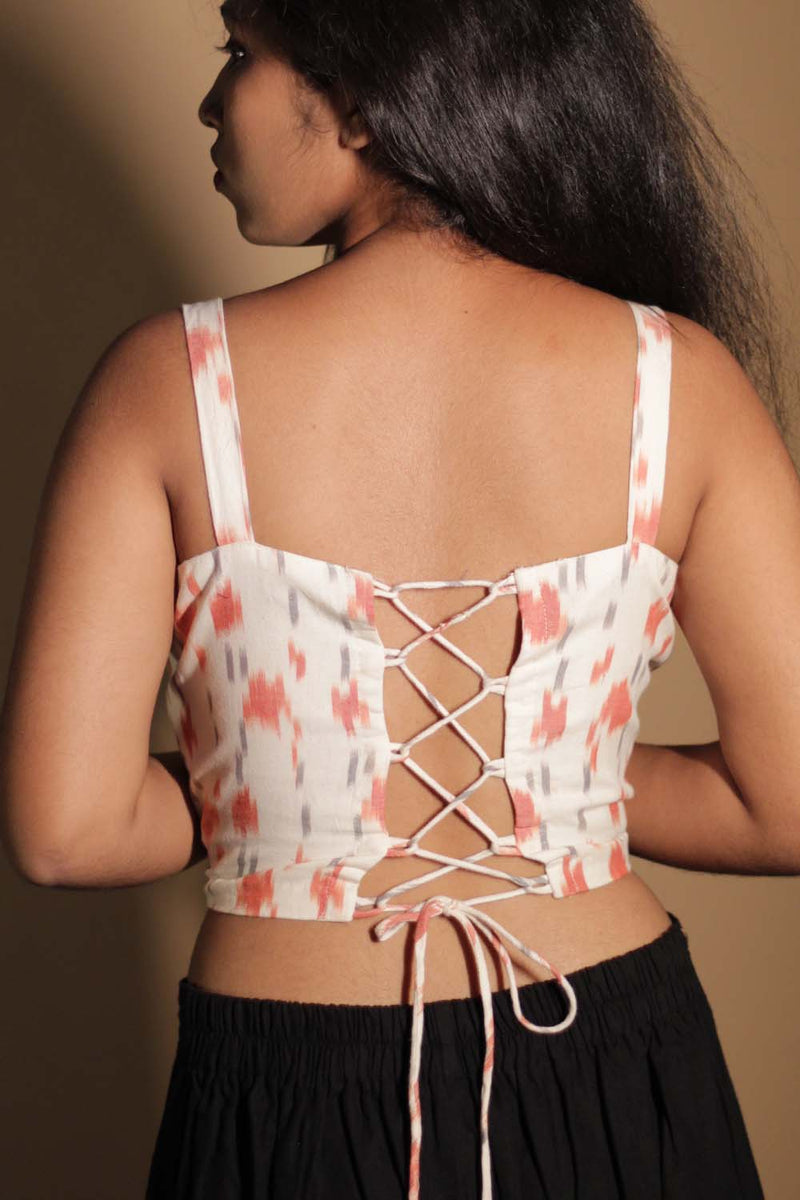 Moha | Backless Lace-Up Blouse | White and Peach Ikkat