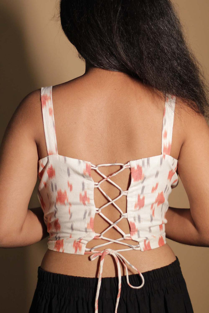 Moha | Backless Lace-Up Blouse | White and Peach Ikkat