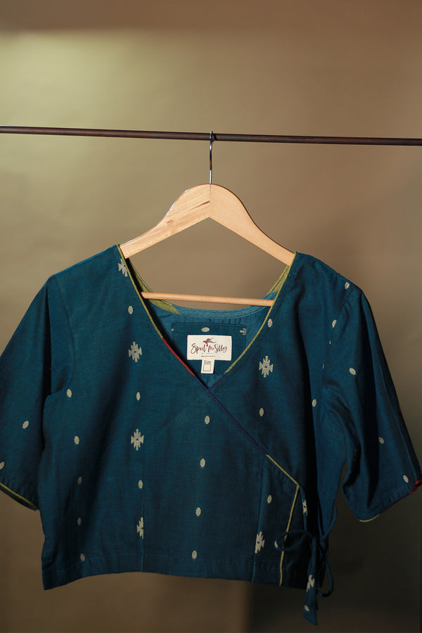 Aabroo | Angarkha Blouse / Crop Top | Teal Cotton