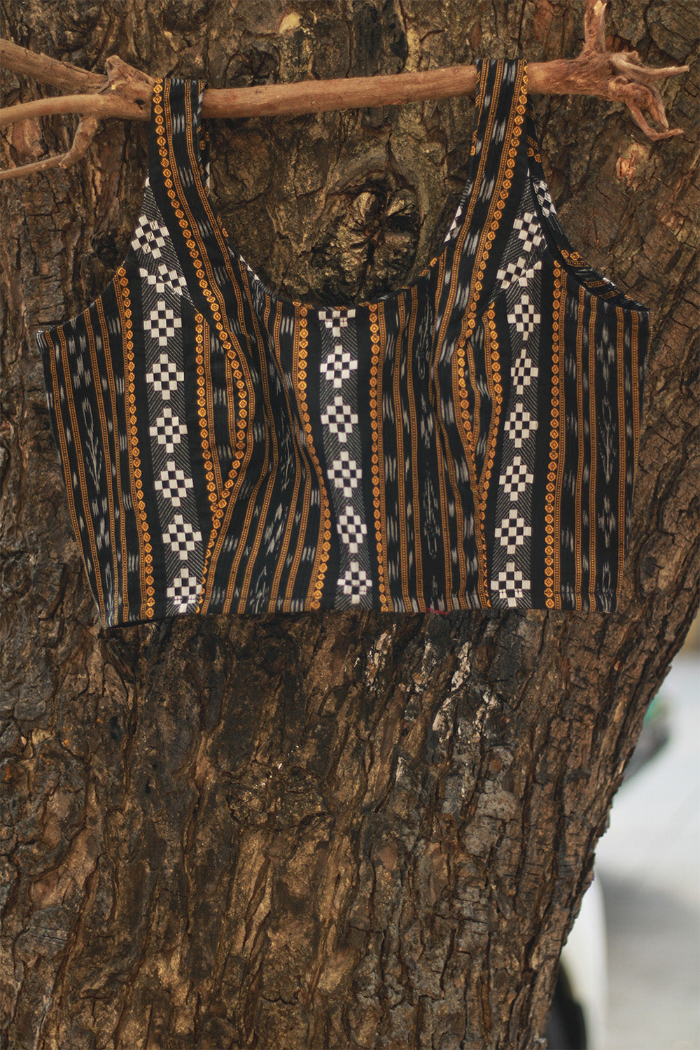 Sleeveless Blouse | Ikkat | Charcoal Grey