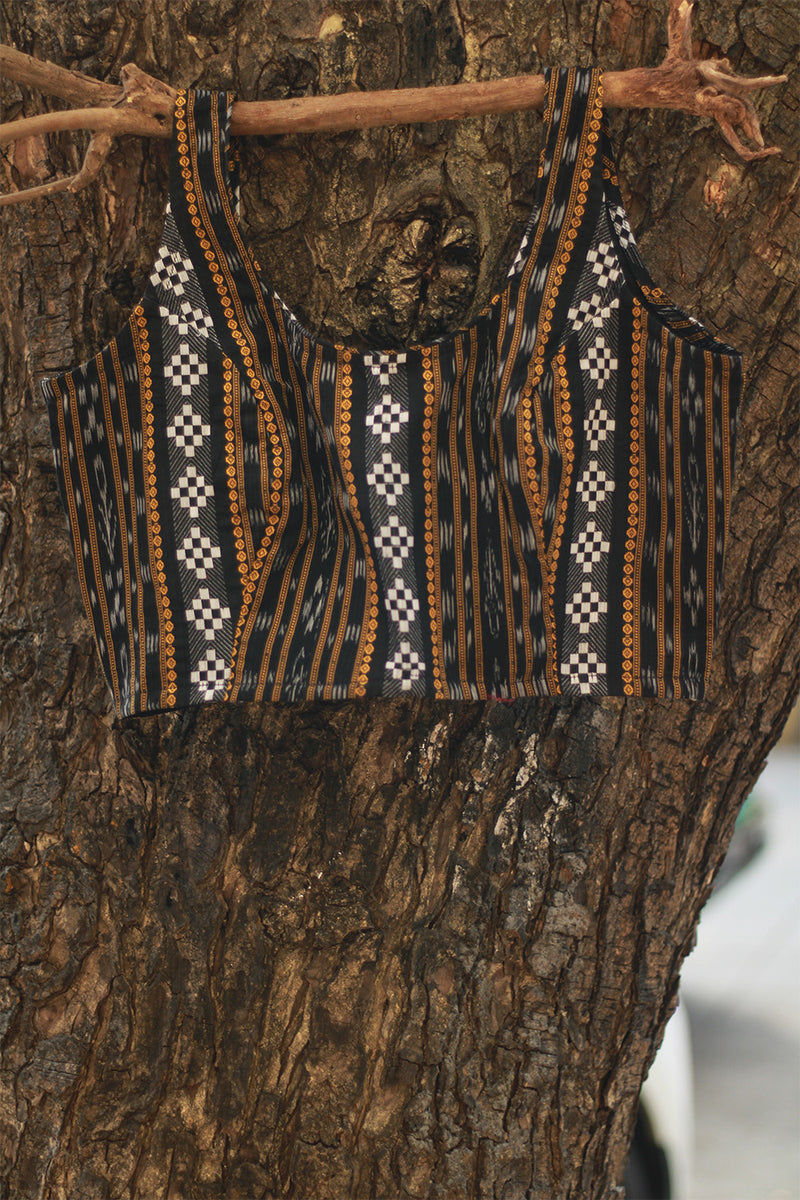 Sleeveless Blouse | Ikkat | Charcoal Grey