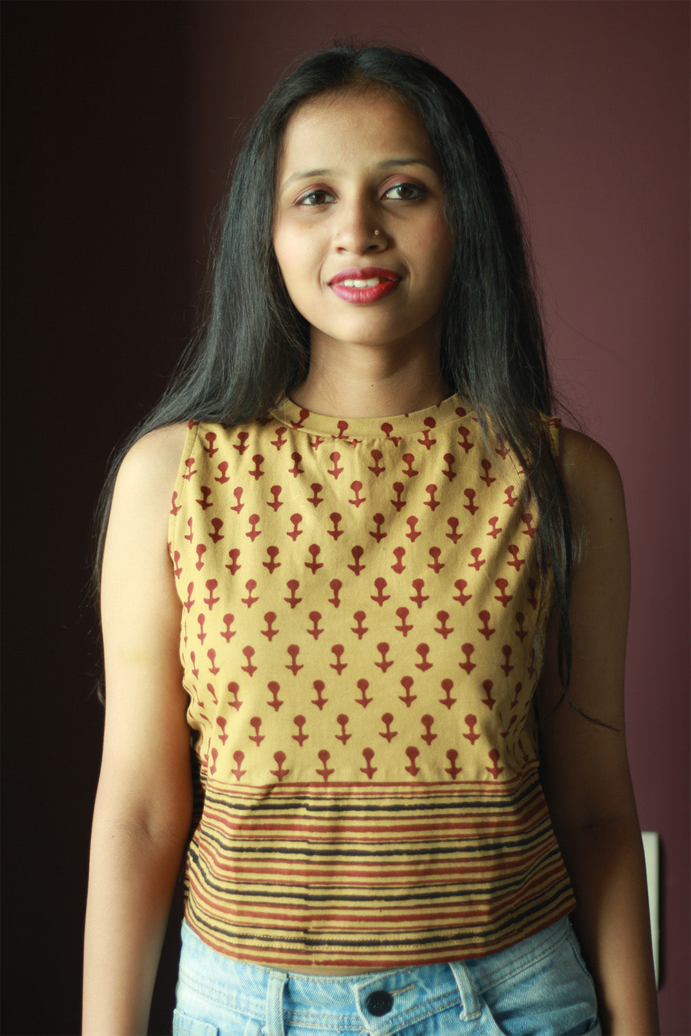 Kirgiti | Stretchable Blouse / Crop Top | High Neck | Beige Maroon Stripe Dabu